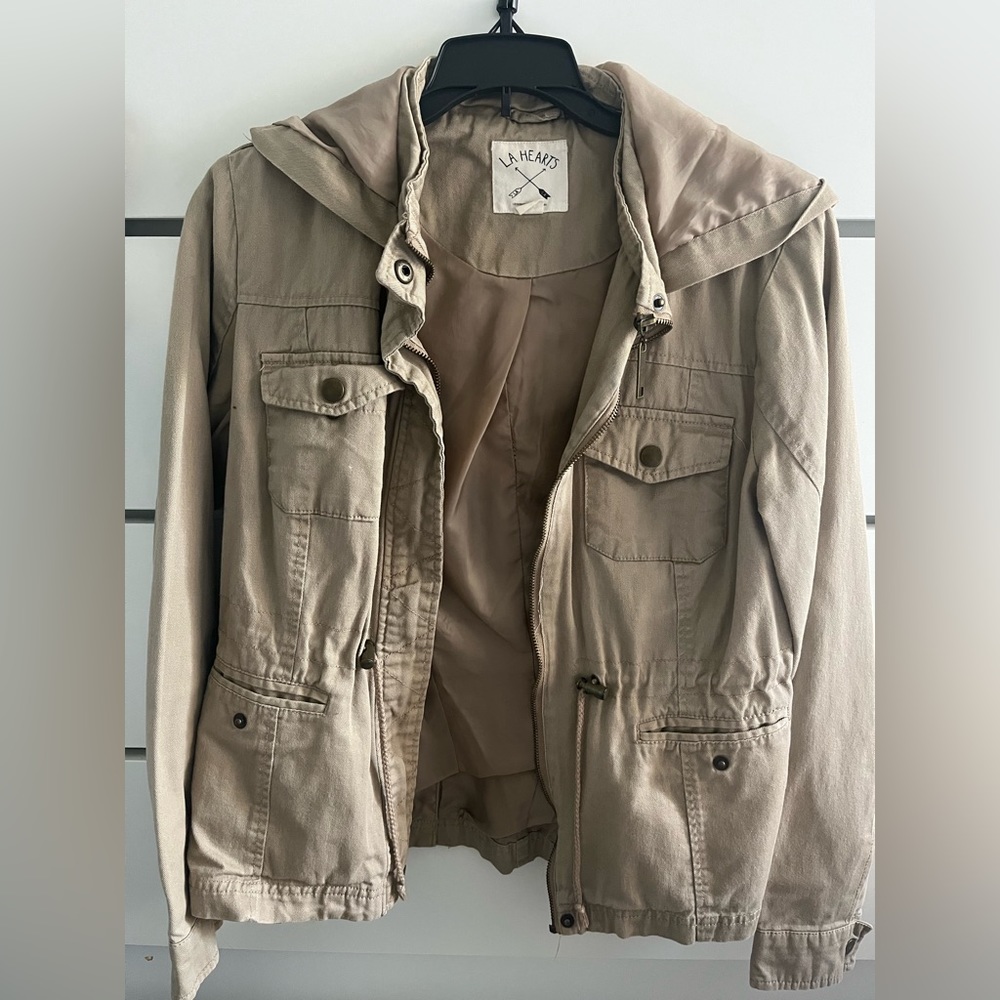 Two LA HEARTS jackets, tan and military green, tighten waist band, 4 pockets